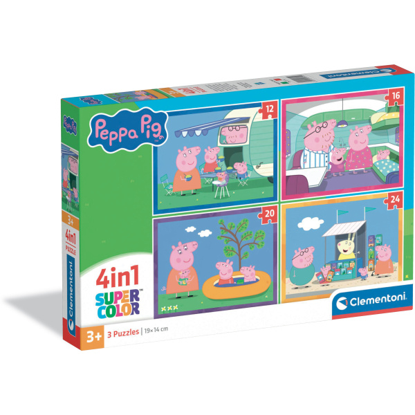 Puzzle CLEMENTONI Prasátko PEPPA 4v1 – cestování (12, 16, 20, 24 dílků)