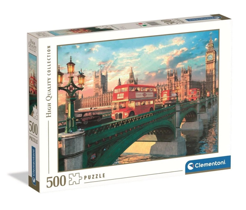 Puzzle 500 dílků CLEMENTONI – Westminster Bridge, Big Ben a červený autobus