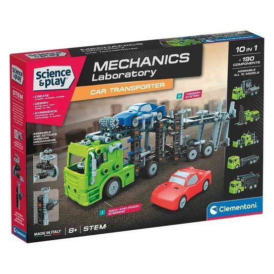 Clementoni Science & Play mechanická laboratoř – přepravník automobilů 10 v 1