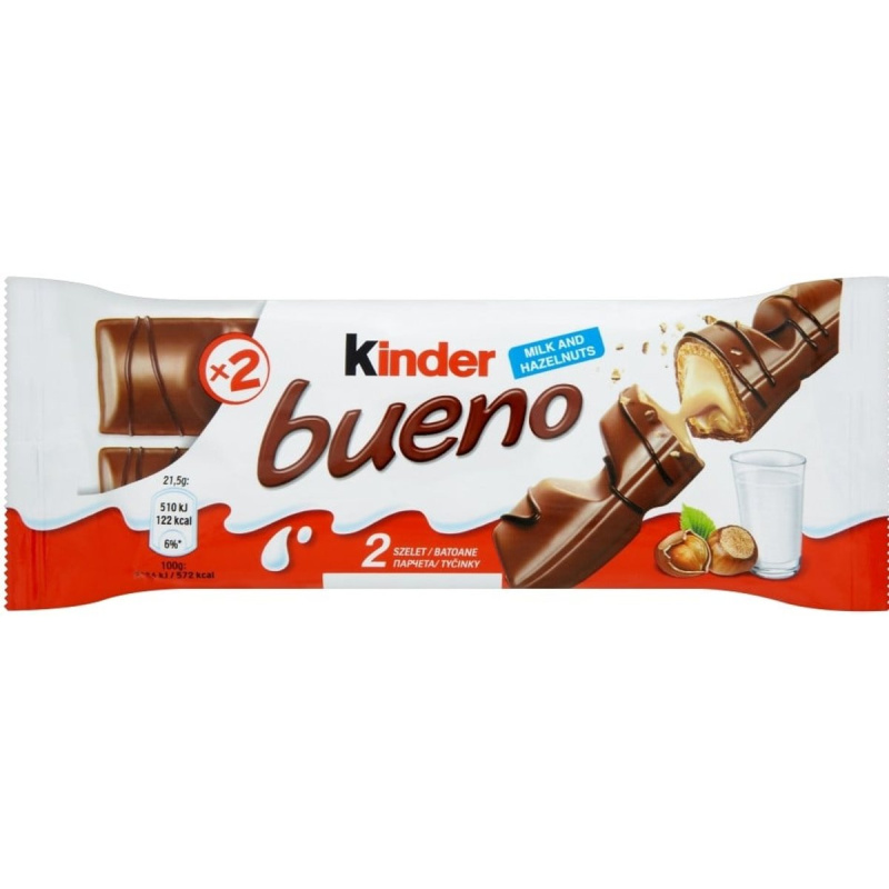 Kinder Bueno oplatka s čokoládovou polevou a mléčnou lískooříškovou náplní (2x21,5g)
