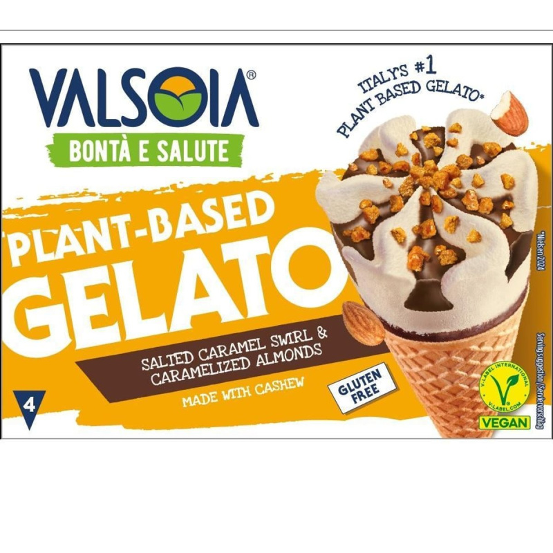 Valsoia Kešu a slaný karamel  zmrzlinové kornouty multipack (4×120 ml)