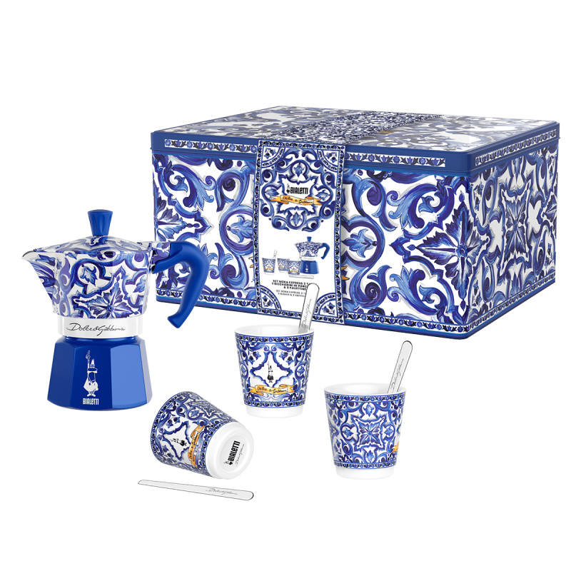 Bialetti Dárková sada Moka Express konvička Blu Mediterraneo, 3 pohárky, míchátka 990005359