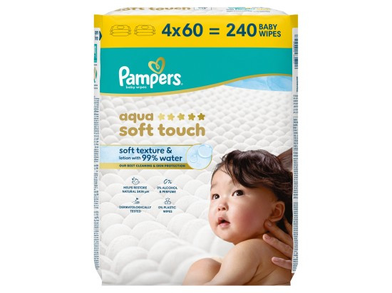 Pampers Aqua Soft Touch dětské čisticí ubrousky 4×60 ks