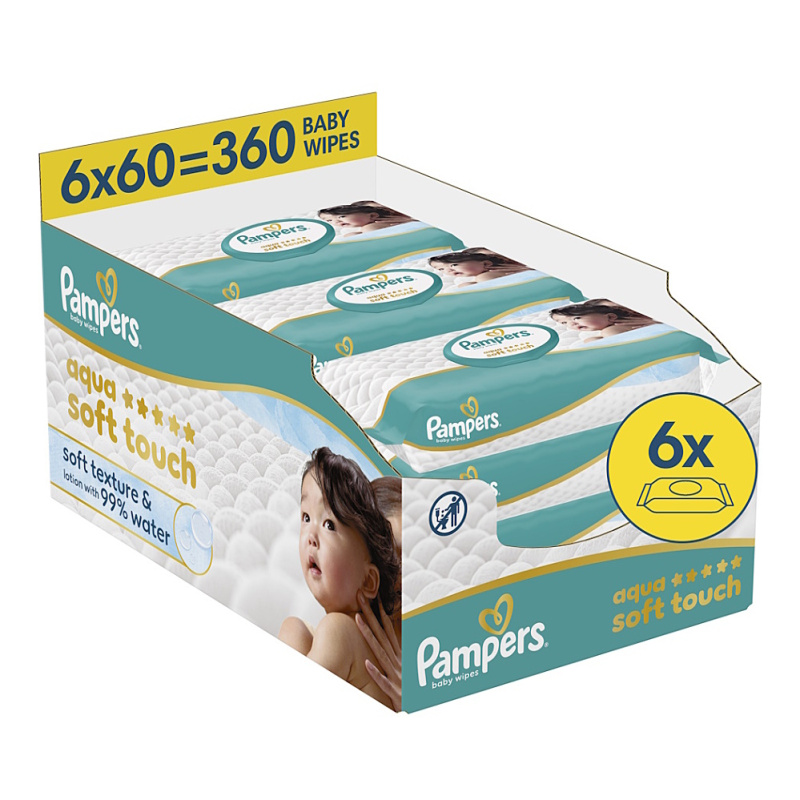 Pampers Aqua Soft Touch dětské čisticí ubrousky 6×60 ks