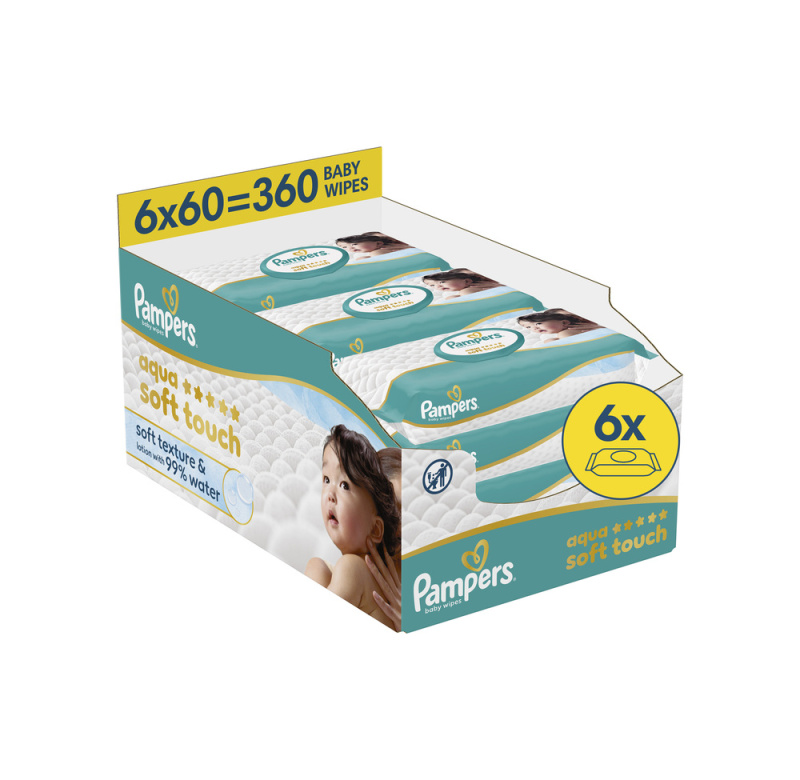 Pampers Aqua Soft Touch dětské čisticí ubrousky 6×60 ks