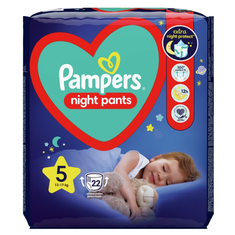 Pampers Night Pants Size 5 jednorázové plenkové kalhotky na noc 12-17 kg 22 ks