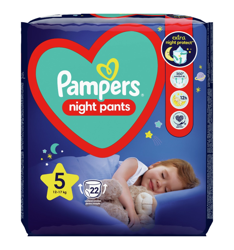 Pampers Night Pants Size 5 jednorázové plenkové kalhotky na noc 12-17 kg 22 ks