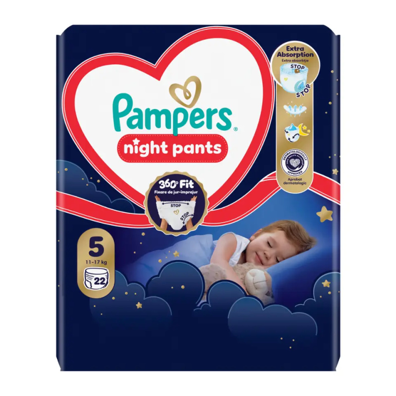 Pampers Night Pants Size 5 jednorázové plenkové kalhotky na noc 12-17 kg 22 ks