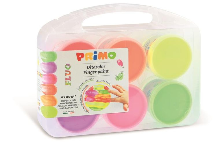 Prstové barvy PRIMO FLUO, kelímky, sada 6 x 100g