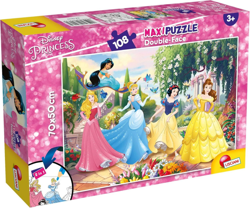 Oboustranné puzzle pro děti Lisciani MAXI 108 dílků Disney Princezny (s omalovánkou)