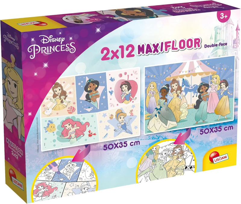 Oboustranné puzzle pro děti Lisciani MAXI 2x12 dílků Disney Princezny (s omalovánkami)
