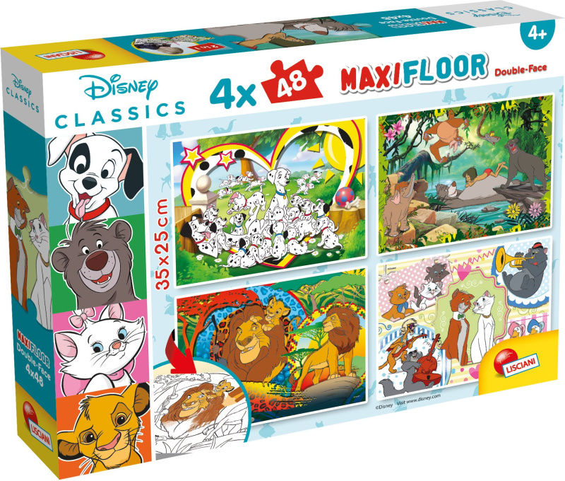 Oboustranné puzzle pro děti Lisciani MAXI 4x48 dílků Disney Classics pohádky (s omalovánkami)