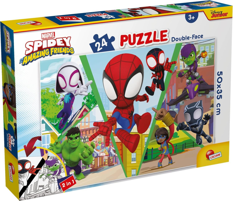 Oboustranné puzzle pro děti Lisciani Plus 24 dílků Spidey a jeho úžasní přátelé (s omalovánkou)
