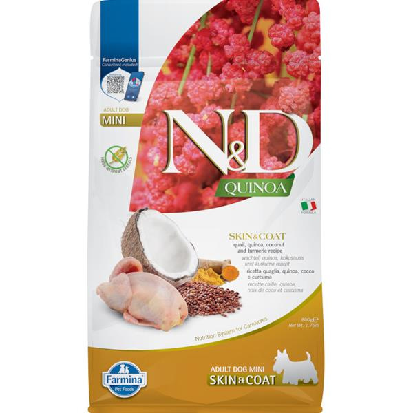 N&D QUINOA Dog GF Skin & Coat, Quail & Coconut Adult Mini 800 g