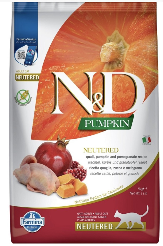 N&D PUMPKIN Cat GF Quail & Pomegranate Neutered Adult 10 kg