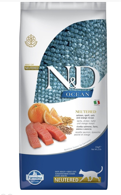 N&D OCEAN Cat LG Salmon, Spelt, Oats & Orange Neutered Adult 10 kg