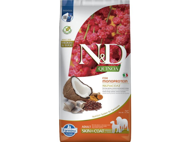 N&D QUINOA Dog GF Skin & Coat, Herring & Coconut Adult Medium & Maxi 2,5 kg