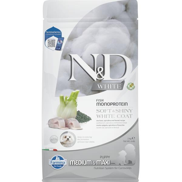 N&D WHITE Dog GF Sea Bass, Spirulina & Fennel Puppy Medium & Maxi 2 kg