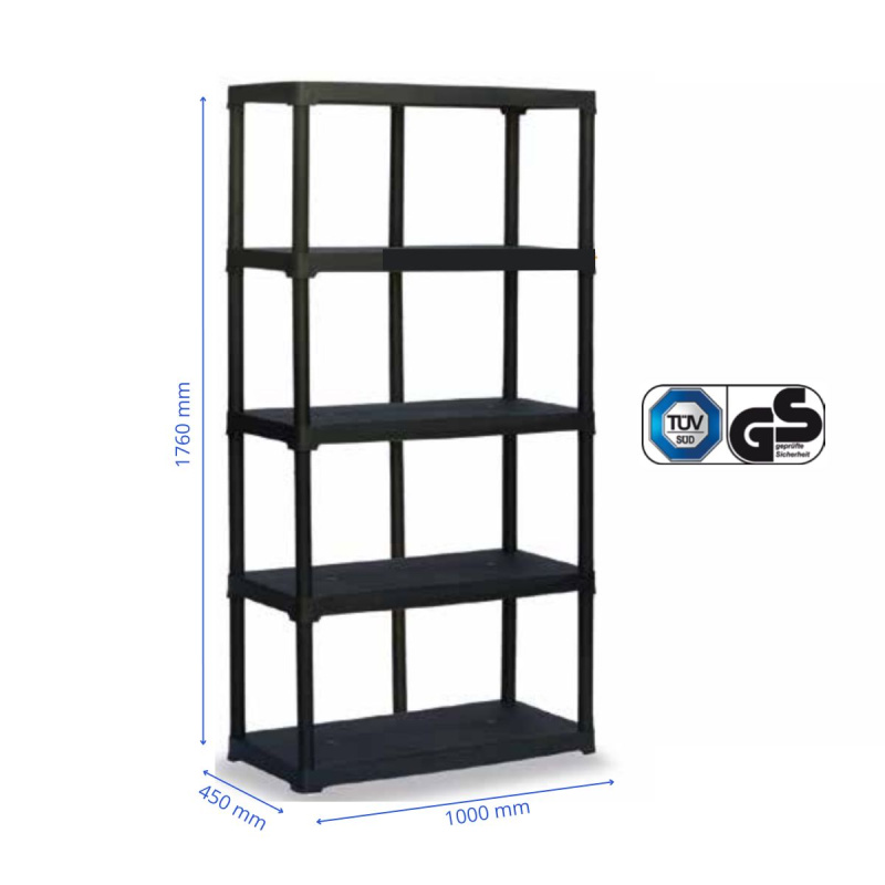 Plastový regál T100/5 černý 176x100x45 cm – 5 polic/40 kg