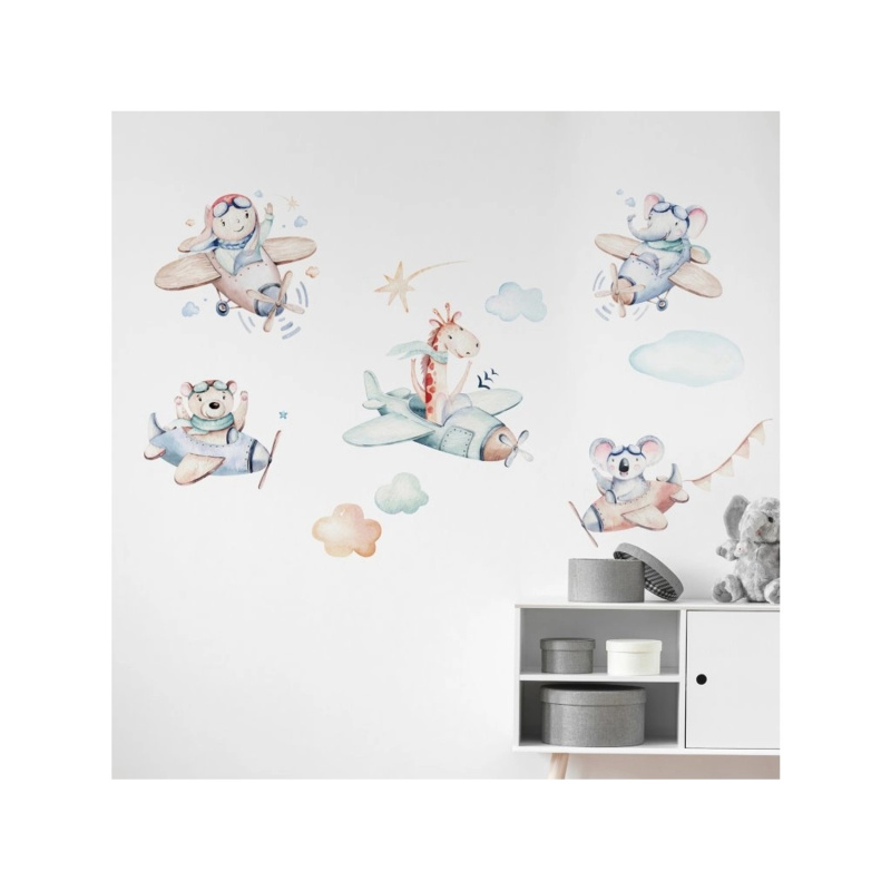 Crearreda Dětská samolepicí dekorace, zvířátka v letadlech, 2 archy, 67 x 47 cm