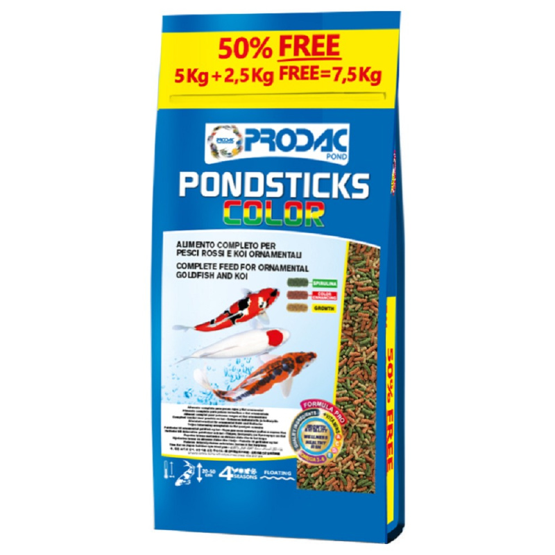 Základní krmivo pro okrasné rybičky Prodac Pondsticks Color 5kg + 50% free