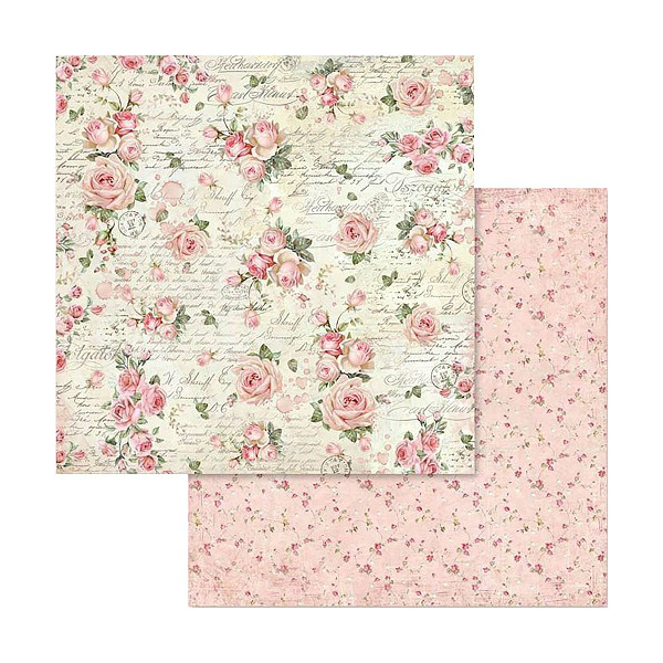 Oboustranný papír na scrapbook (1ks) Růžové růže a text