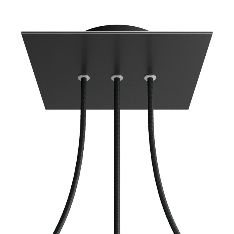 creative cables Čtvercový stropní baldachýn ROSE ONE, 200 mm, 3 otvory a 4 boční otvory - lineární Barva komponentu: Matná černá, Barva montury: Černá