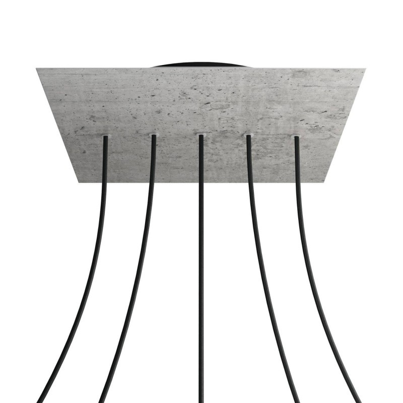 creative cables Čtvercový stropní baldachýn ROSE ONE, 400 mm, 5 otvorů a 4 boční otvory - lineární Barva komponentu: Beton, Barva montury: Černá