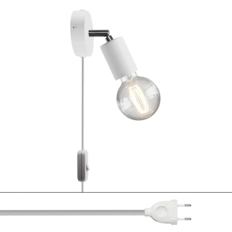 creative cables Spostaluce, nástěnná kovová lampa s nastavitelným kovovým kloubem, vypínačem a zástrčkou Barva: Bílá