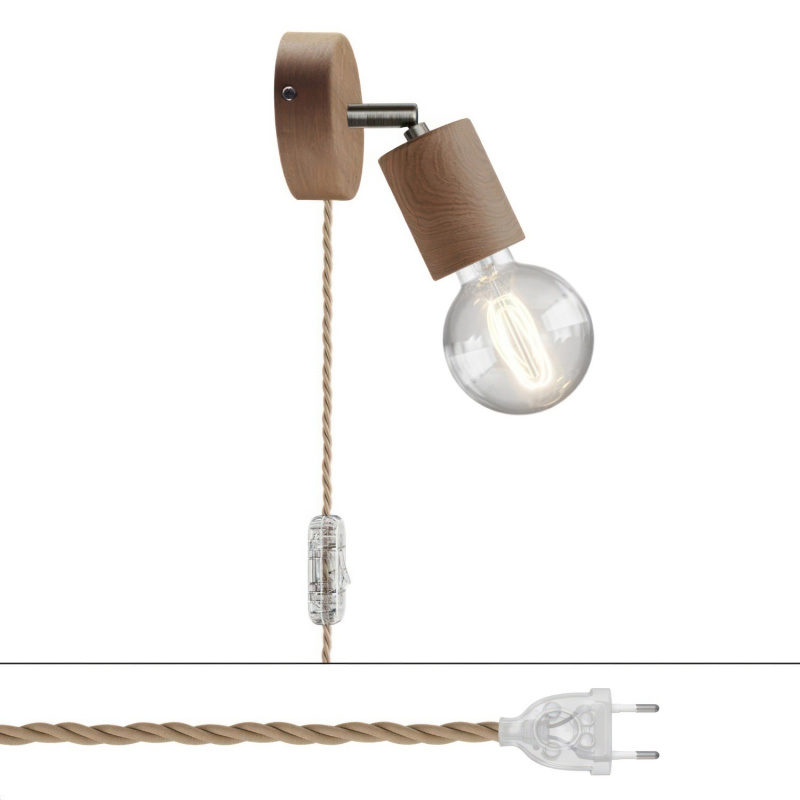 creative cables Spostaluce, nástěnná dřevěná lampa s nastavitelným kovovým kloubem, vypínačem a zástrčkou Barva: Neutrální-matný chrom