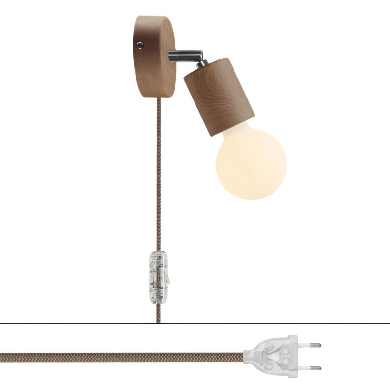 creative cables Spostaluce, nástěnná dřevěná lampa s nastavitelným kovovým kloubem, vypínačem a zástrčkou Barva: Neutrální-chrom