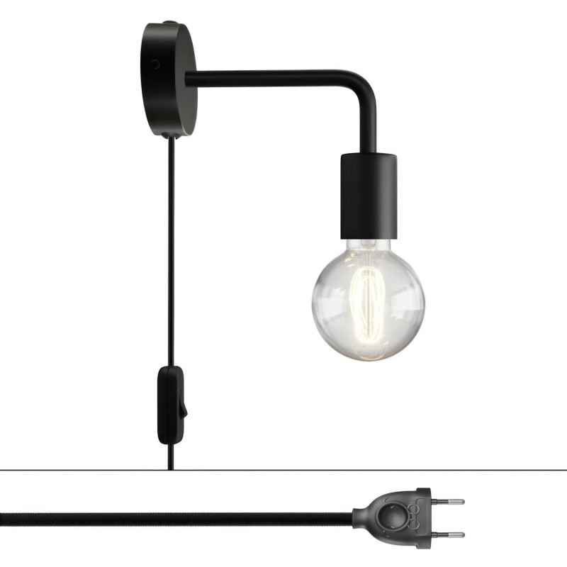 creative cables Spostaluce, nástěnná kovová lampa s prodloužením do tvaru l s vypínačem a zástrčkou Barva: Černá
