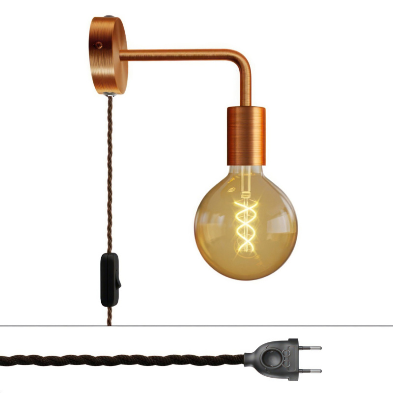 creative cables Spostaluce, nástěnná kovová lampa s prodloužením do tvaru l s vypínačem a zástrčkou Barva: Matná měď