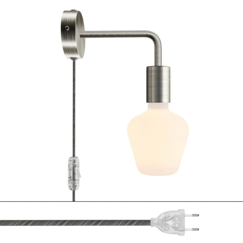 creative cables Spostaluce, nástěnná kovová lampa s prodloužením do tvaru l s vypínačem a zástrčkou Barva: Matný chrom