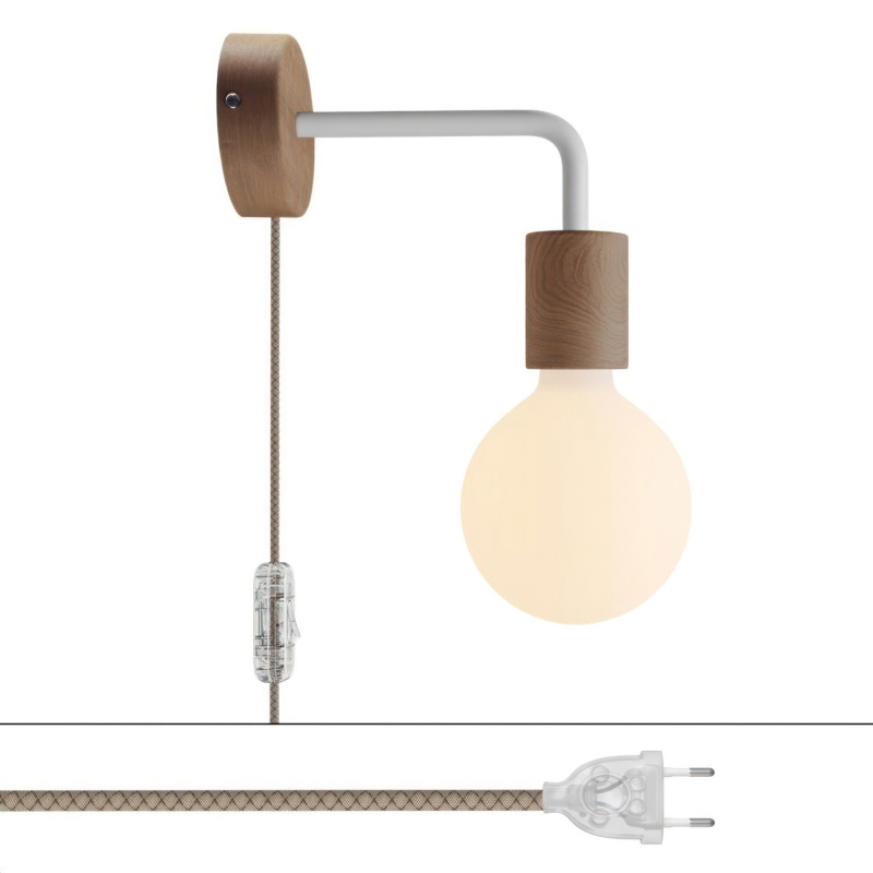 creative cables Spostaluce, nástěnná dřevěná lampa s prodloužením do tvaru l s vypínačem a zástrčkou Barva: Neutrální-matná bílá