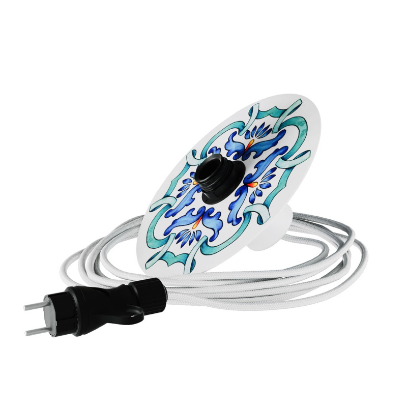 creative cables Snake EIVA s mini ellepì 'maioliche' plochým stínidlem, přenosná venkovní lampa s IP65 vodotěsnou objímkou a zástrčkou Barva: Majolika modrá