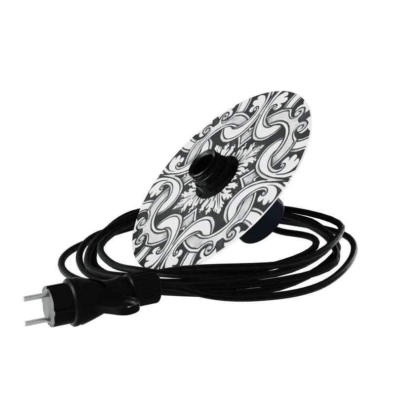 creative cables Snake EIVA s mini ellepì 'maioliche' plochým stínidlem, přenosná venkovní lampa s IP65 vodotěsnou objímkou a zástrčkou Barva: Majolika černo-bílá