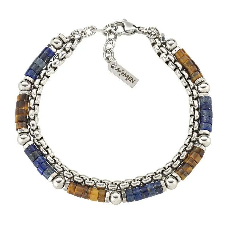 Amen Dvojitý pánský náramek s tygřím okem a lazuritem ACBR2BBBLM