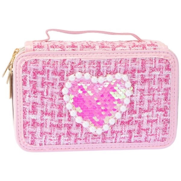 Tříúrovňový Tweedový Penál Světle Růžový