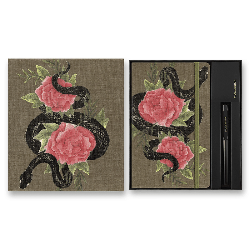 Sada Moleskine Snake Roses L, zápisník a kuličkové pero