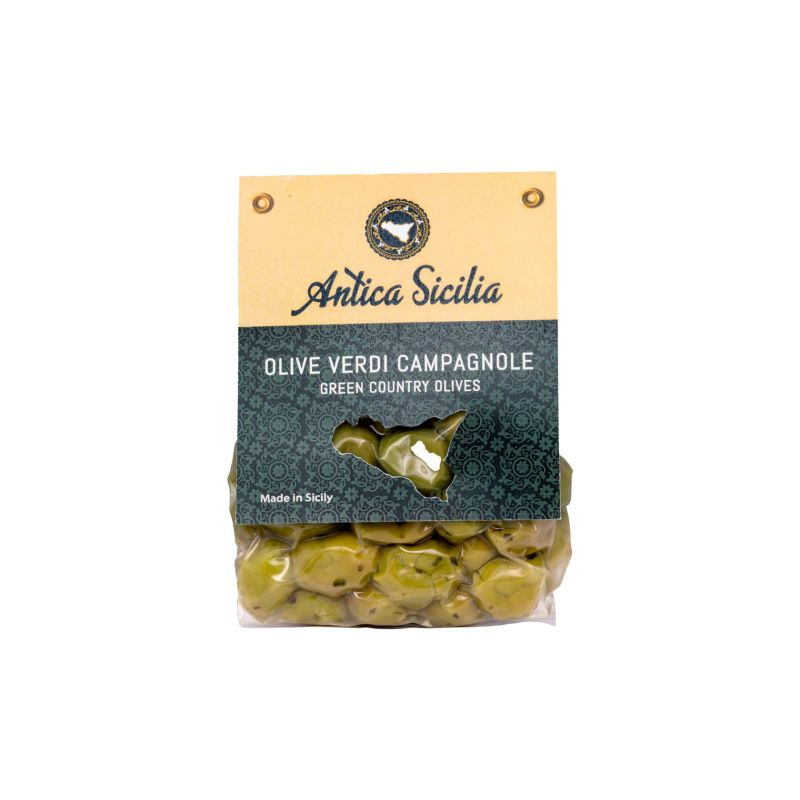 Antica Sicilia zelené olivy s bylinkami a chilli (Olive Verdi Campagnole) 350g