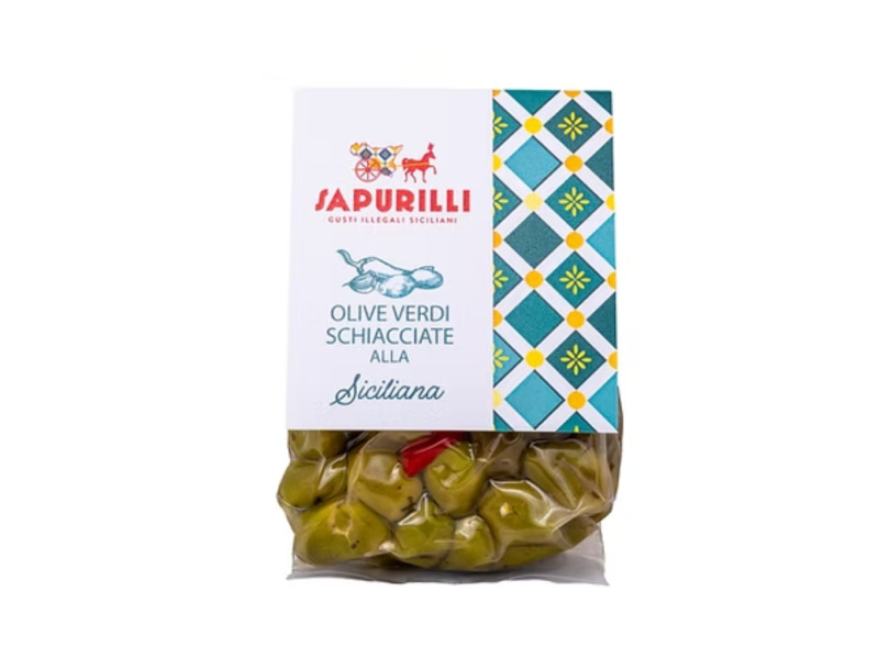 Sapurilli zelené olivy s bylinkami (Olive Verdi Schiacciate alla Siciliana) 300g