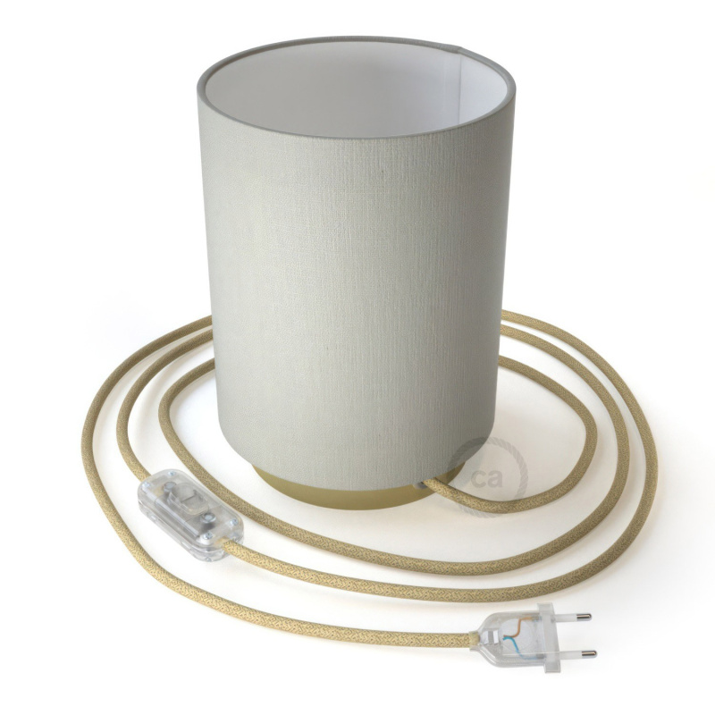 creative cables Posaluce, kovové svítidlo s  válcovým stínidlem white lawn, textilním kabelem, in-line vypínačem a 2-pólovou zástrčkou Barva: Mosaz-bílá bavlna