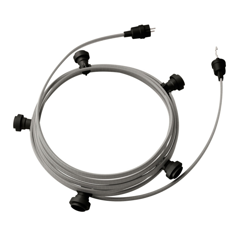 creative cables Hotový světelný řetěz LUMET 7,5 m je sestavený z 5 černých objímek, háčku a zástrčky Barva kabelu: Bílo-černá - CZ04