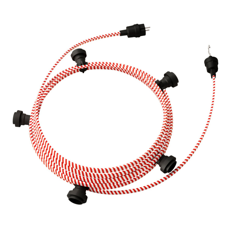 creative cables Hotový světelný řetěz LUMET 7,5 m je sestavený z 5 černých objímek, háčku a zástrčky Barva kabelu: Červeno-bílá - ECM39