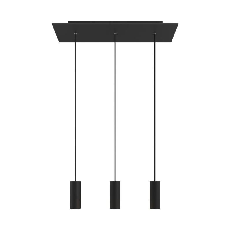 creative cables Závěsná lampa se 3 světly, s obdélníkovým XXL baldachýnem Rose-one, textilním kabelem a kovovými stínidly Tub-E14 Barva: Matný černý dibond