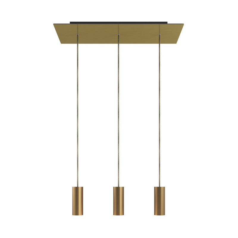 creative cables Závěsná lampa se 3 světly, s obdélníkovým XXL baldachýnem Rose-one, textilním kabelem a kovovými stínidly Tub-E14 Barva: Hladký mosazný dibond