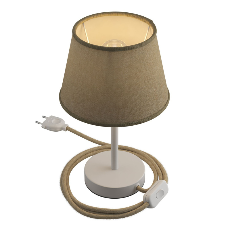 creative cables Alzaluce se stínidlem Impero, kovová stolní lampa se zástrčkou, kabelem a vypínačem Velikost: 15 cm, Barva: Matná bílá-juta