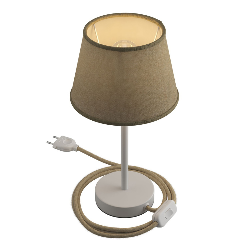 creative cables Alzaluce se stínidlem Impero, kovová stolní lampa se zástrčkou, kabelem a vypínačem Velikost: 20 cm, Barva: Matná bílá-juta