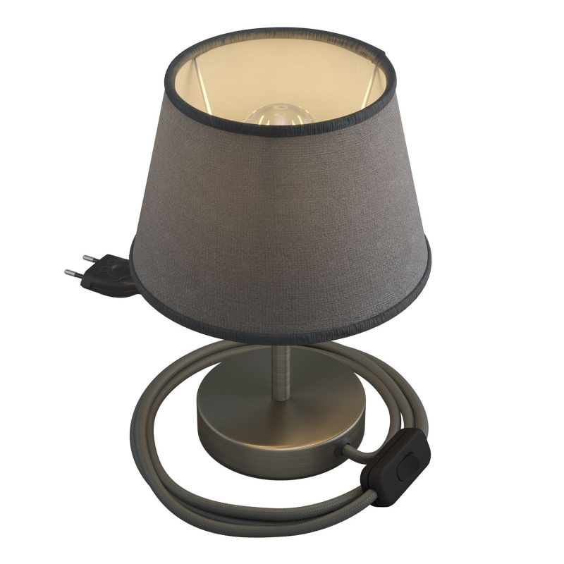 creative cables Alzaluce se stínidlem Impero, kovová stolní lampa se zástrčkou, kabelem a vypínačem Velikost: 10 cm, Barva: Matný chrom-šedá juta